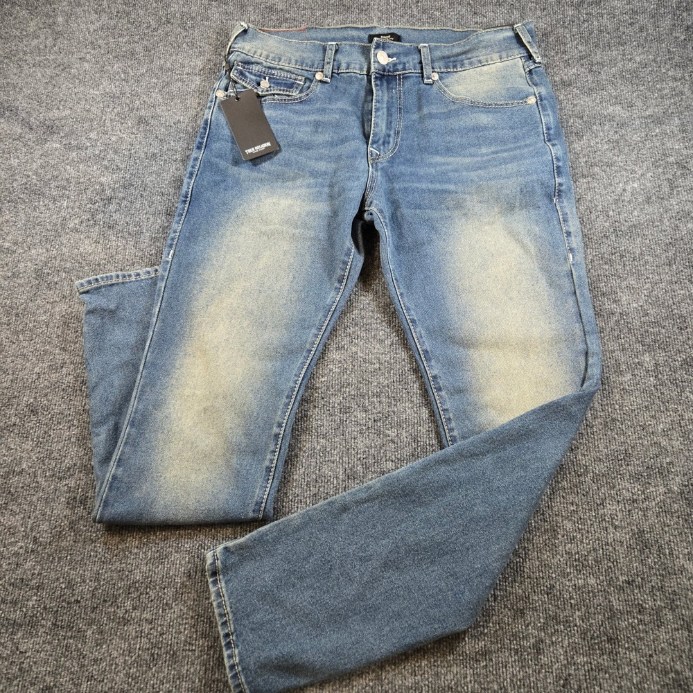 NWT True Religion Rocco Relaxed Skinny Jeans 34 Med Ocean Storm Wash Big T Flap